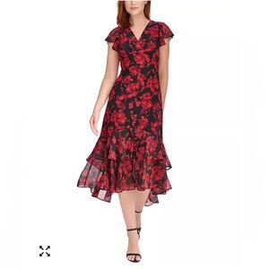 Tommy Hilfiger Black Red Floral Tiered Midi Dress | Chiffon Flutter Sleeve